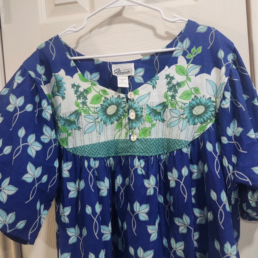 Easy Essentials Blue Floral Cotton Muumuu House Dress Pockets Plus Size 3X - Picture 2 of 8